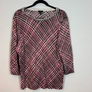 Talbots Womens 100% Merino Wool Pink Houndstooth Jeweled Collar Accent Size 2X